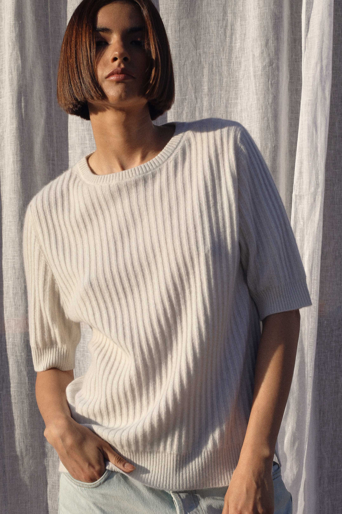 Isobel Cashmere Lurex T-Shirt in Pearled Ivory
